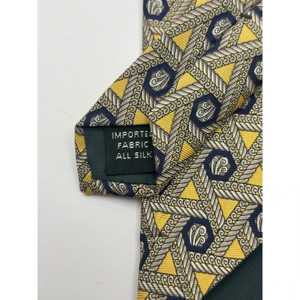 Peterborough Row Bloomingdales Silk Tie Yellow Navy Blue Geometric Rope Pattern